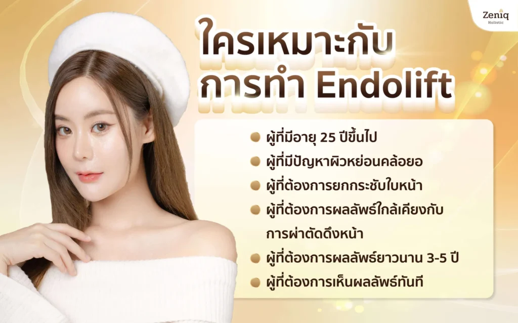 EndoliftX คือทางเลือกที่น่าสนใจสำหรับผู้ที่ต้องการแก้ปัญหาผิวหน้าหย่อนคล้อย ดังนี้ ผู้ที่มีอายุ 25 ปีขึ้นไป เนื่องจากผิวเริ่มผลิตคอลลาเจนและอีลาสตินลดลงตามวัย ทำให้เกิดริ้วรอยและผิวหย่อนคล้อย ผู้ที่มีปัญหาผิวหย่อนคล้อยอย่างเห็นได้ชัด ไม่ว่าจะเป็นแก้มห้อย กระเปาะแก้ม เหนียง ร่องแก้มลึก ร่องน้ำหมาก มุมปากตก หรือคางสองชั้น ผู้ที่ต้องการยกกระชับใบหน้า ทั้งบริเวณหน้าส่วนบนและส่วนล่าง โดยไม่ต้องการผ่าตัด หรือมีแผลเป็นบนใบหน้า ผู้ที่ต้องการผลลัพธ์เทียบเท่าการผ่าตัดดึงหน้า แต่ต้องการแผลเล็กและระยะเวลาพักฟื้นที่สั้นกว่า ผู้ที่ต้องการผลลัพธ์ที่ยาวนาน ไม่ต้องการทำซ้ำบ่อย ผู้ที่ต้องการเห็นผลลัพธ์ทันที ไม่ต้องรอนาน