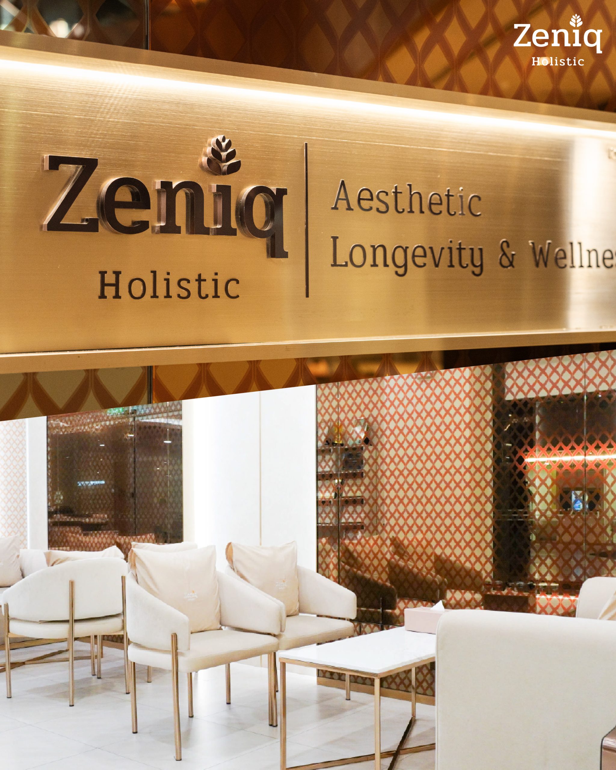 Comfortable seating lounge and golden entrance sign for Zeniq Aesthetic Longevity and Wellness.