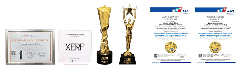 Collection of professional awards and international certificates including AACI accreditation and XERF recognition for Zeniq Holistic Clinic.