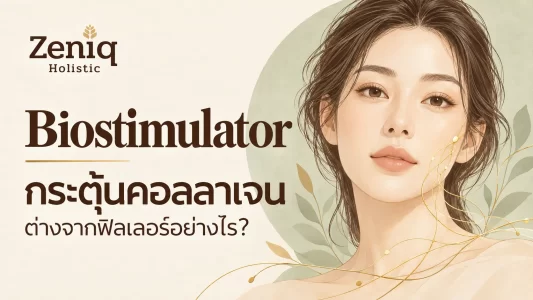 แบนเนอร์ให้ความรู้เรื่อง Biostimulator คืออะไร อธิบายการฉีดกระตุ้นคอลลาเจนว่าต่างจากฟิลเลอร์ยังไง เพื่อทำความเข้าใจก่อนเลือกดูแลผิว ที่ Zeniq Holistic