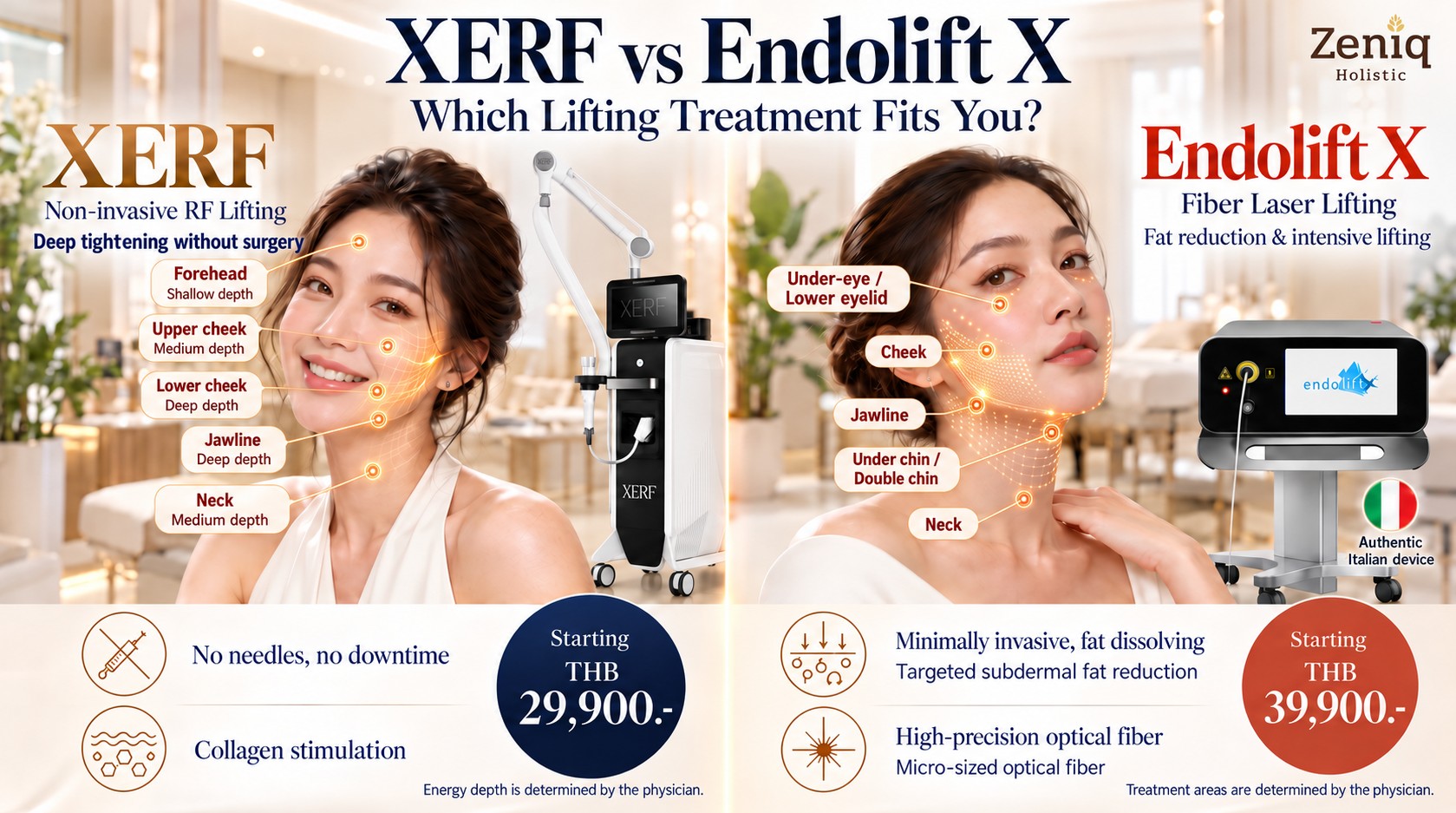 Comparison chart between XERF non-invasive RF lifting and Endolift X fiber laser for fat dissolving and ultimate lifting at Zeniq Holistic clinic.